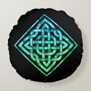 Celtic Knot - Diamond Blue Green Round Pillow