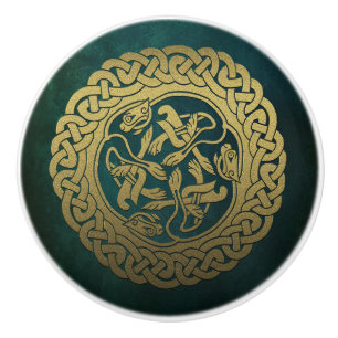 Celtic Knot Dogs Dark Washed Green Ceramic Knob