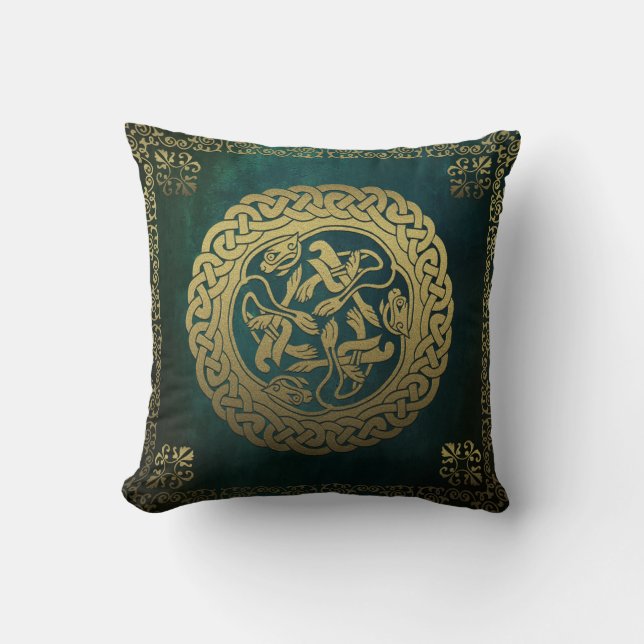 Celtic Knot Dogs Dark Washed Green Throw Pillow (Front)