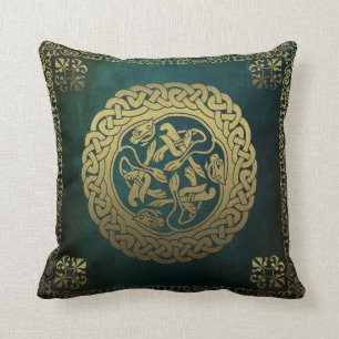 Celtic Knot Dogs Dark Washed Green Throw Pillow