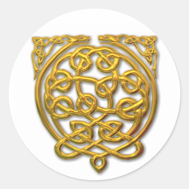 Celtic Knot Dragons – Gold Classic Round Sticker (Front)