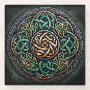 Celtic Knot Green Gold Knotwork Glass Coaster