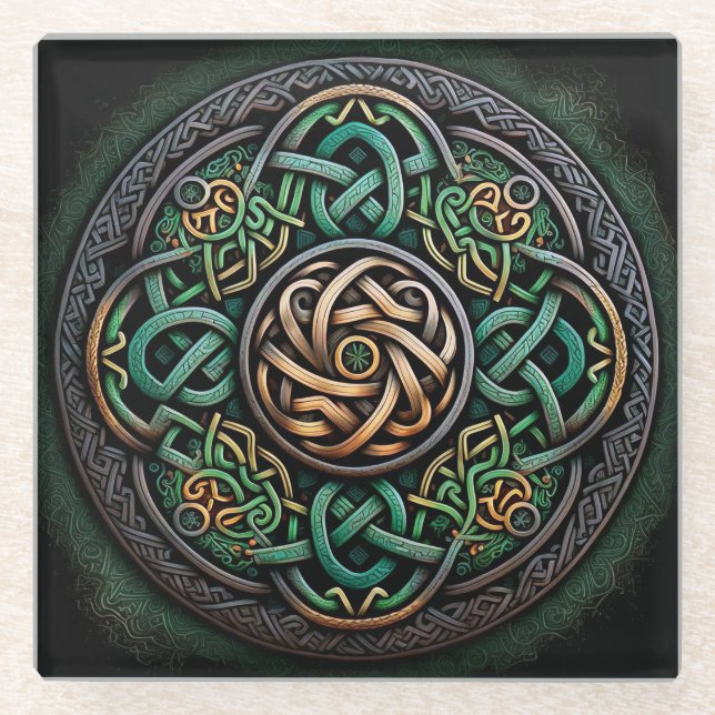 Celtic Knot Green Gold Knotwork Glass Coaster (Front)