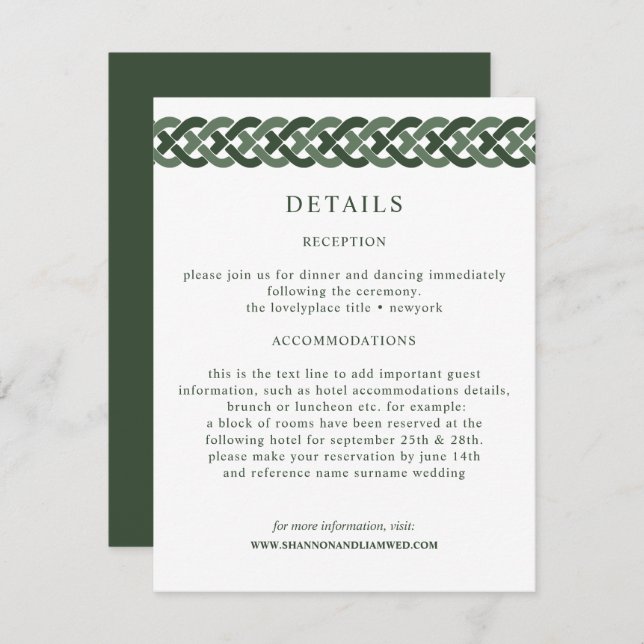 Celtic Knot | Green Wedding Information Guest Enclosure Card (Front/Back)