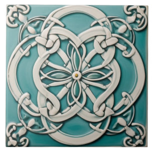Celtic Knot Inspired Turquoise and White Flower Tile