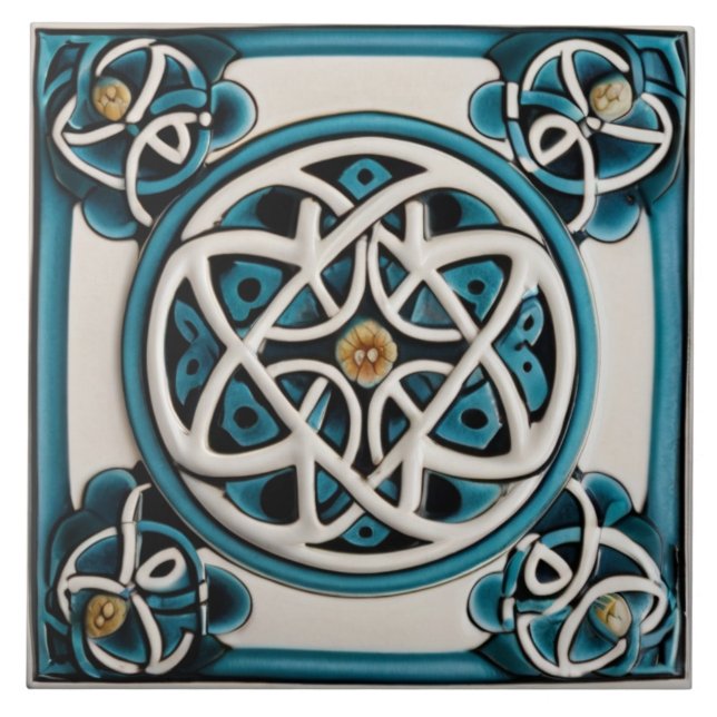 Celtic Knot Inspired Turquoise and White Tile (Front)