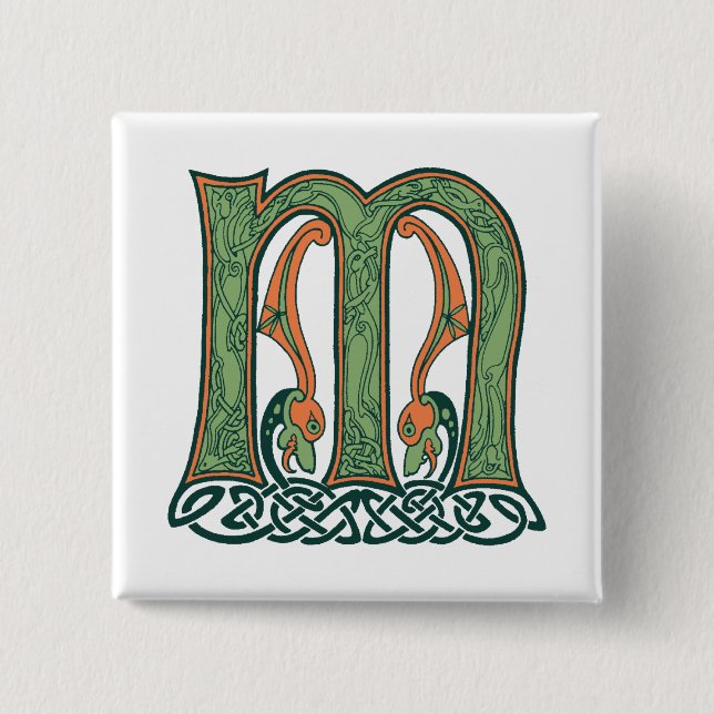 Celtic Knot Letter M, Irish Design 2 Inch Square Button (Front)
