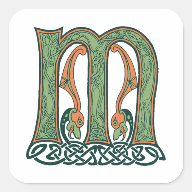Celtic Knot Letter M, Irish Design Square Sticker (Front)