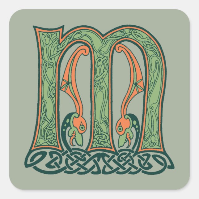 Celtic Knot Letter M, Irish Design Square Sticker (Front)