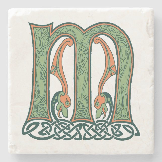 Celtic Knot Letter M, Irish Design Stone Coaster (Front)