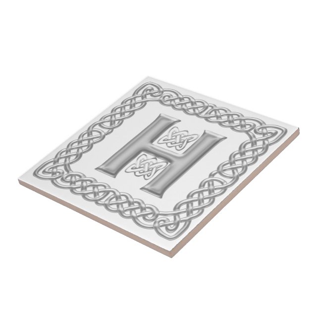 Celtic Knot Monogram Silver Effect Letter H Tile (Side)