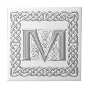 Celtic Knot Monogram Silver Effect Letter M Tile