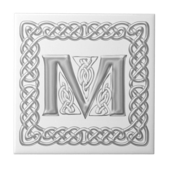 Celtic Knot Monogram Silver Effect Letter M Tile (Front)