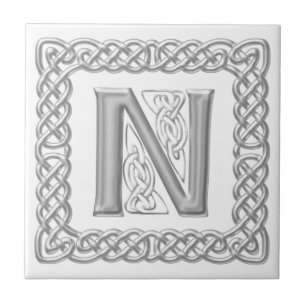 Celtic Knot Monogram Silver Effect Letter N Tile