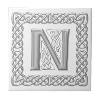 Celtic Knot Monogram Silver Effect Letter N Tile