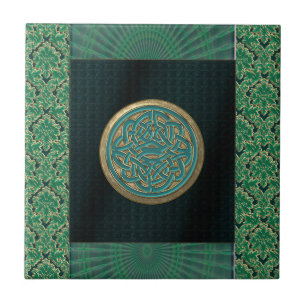 Celtic Knot on Black and Green Brocade Pattern Tile