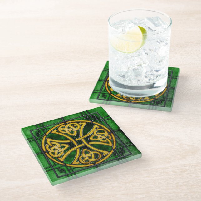 Celtic Knot on Green Stained-Glass Coaster (Angled)