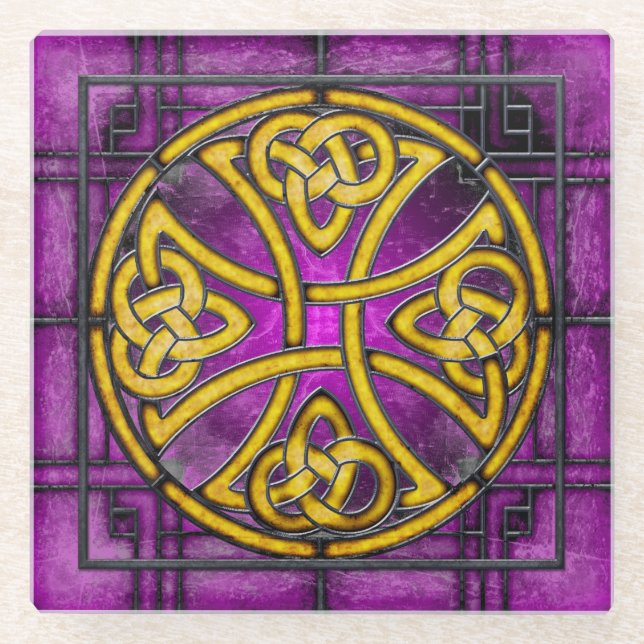 Celtic Knot on Purple Stained-Glass Coaster (Front)