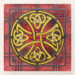 Celtic Knot on Red Stained-Glass Coaster