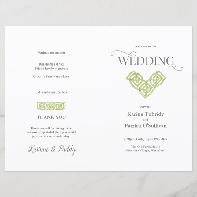 Celtic Knot programme de mariage vert irlandais (Devant)