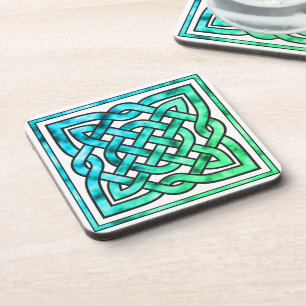 Celtic Knot - Square Blue Green White Coaster