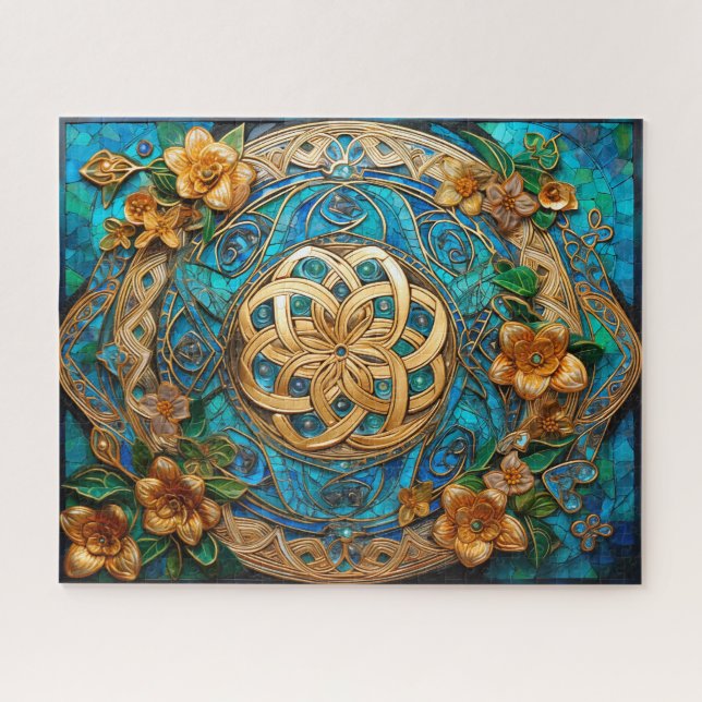 Celtic Knot Teal Blue Gold Flowers Knotwork Jigsaw Puzzle (Horizontal)