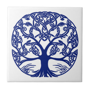 Celtic Knot Tree of Life Blue on White Tile