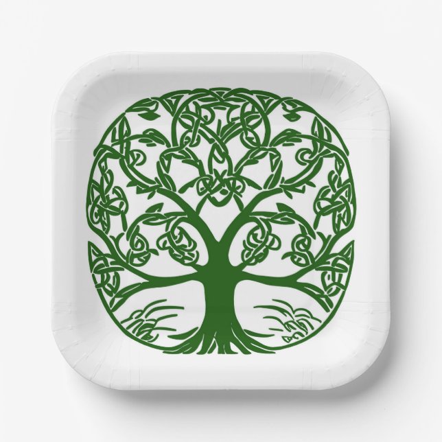 Celtic Knot Tree of Life Green on White Paper Plate (Front)