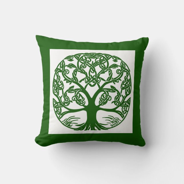 Celtic Knot Tree of Life Green on White Throw Pillow (Front)