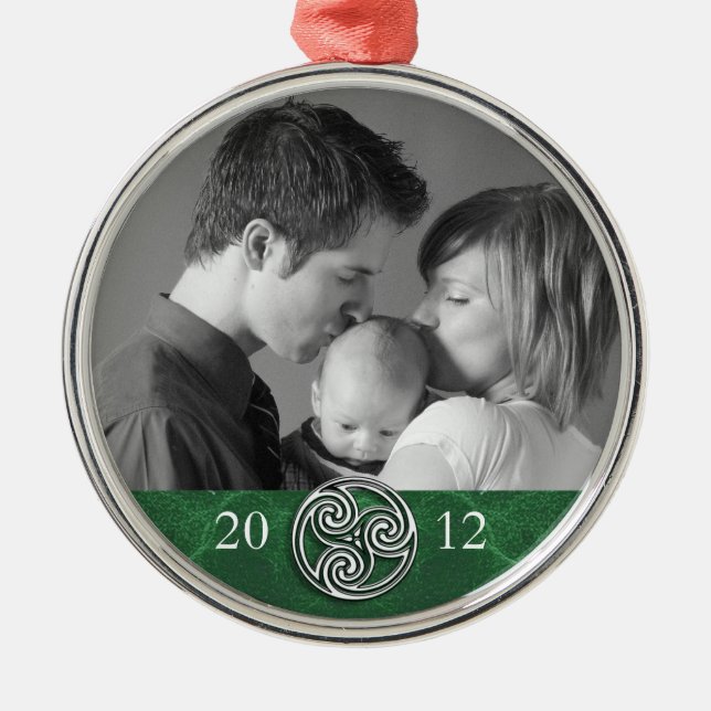 Celtic Knot Triskelion Green Christmas Photo Ornam Metal Ornament (Front)