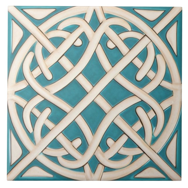 Celtic Knot Turquoise and White Irish Tile (Front)