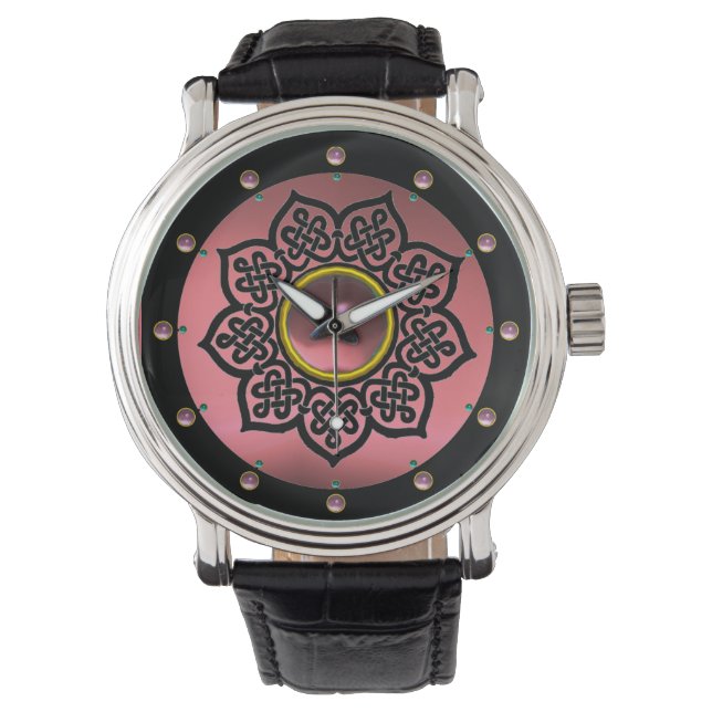 CELTIC KNOTS FLOWER AND PINK AMETHYST GEM STONES WATCH (Front)