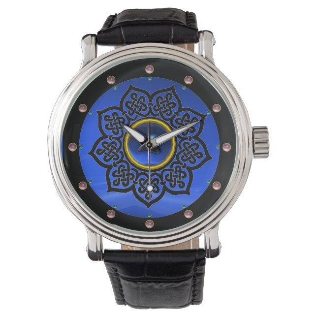 CELTIC KNOTS FLOWER BLUE SAPPHIRE GEM STONES WATCH (Front)