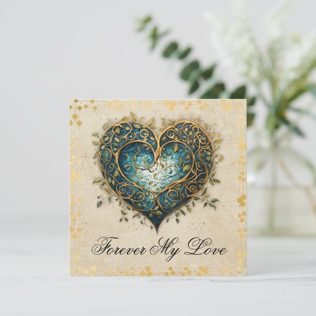 Celtic Knotwork Blue and Gold Heart Flat Card (Standing Front)