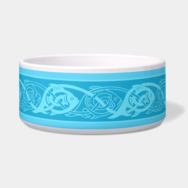 Celtic Knotwork Fish in Blue Ceramic Pet Bowl (Front)