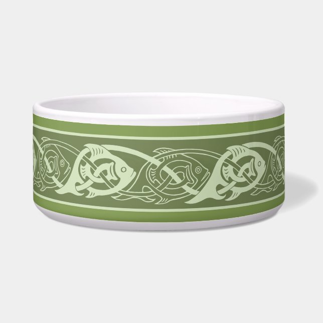 Celtic Knotwork Fish in Green Ceramic Pet Bowl (Front)