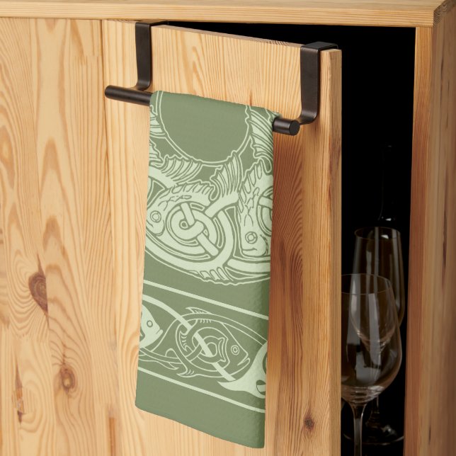 Celtic Knotwork Fish in Green Kitchen Towel (Thirds Fold)