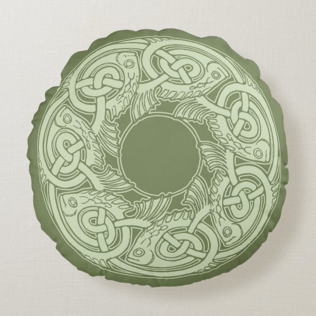 Celtic Knotwork Fish in Green Round Pillow (Front)
