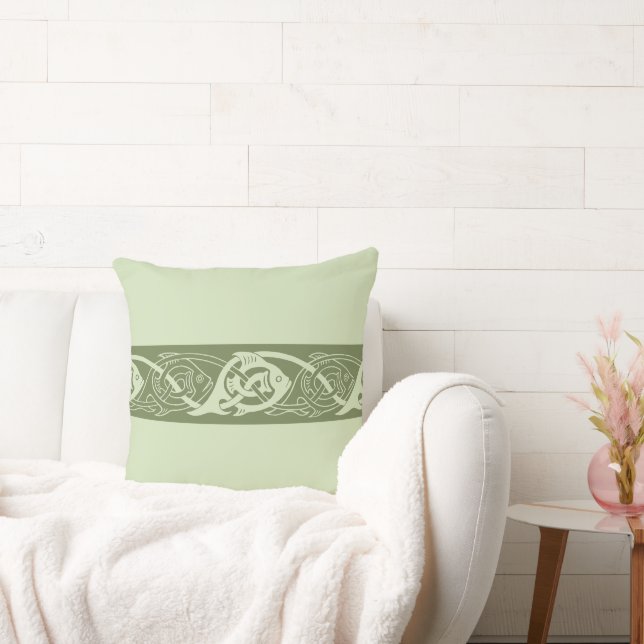 Celtic Knotwork Fish in Green Throw Pillow (Couch)