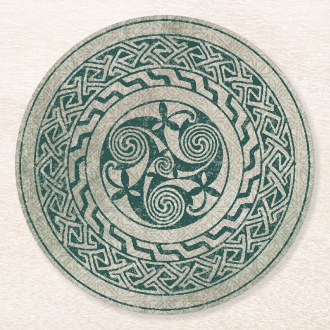 Celtic Knotwork Irish Medallion Pattern in Green Round Paper Coaster (Front)