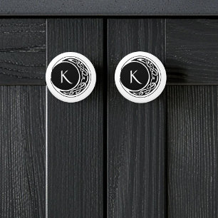 Celtic Knotwork Moon Circle Monogram Black White Ceramic Knob