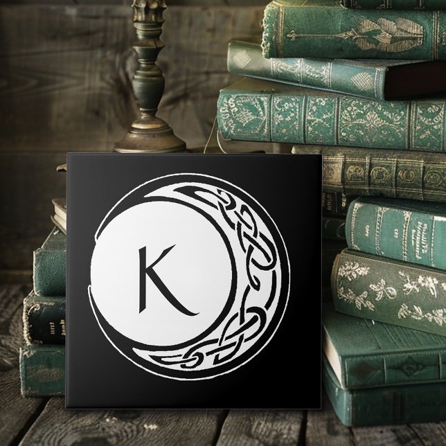 Celtic Knotwork Moon Circle Monogram Black White Tile (Creator Uploaded)