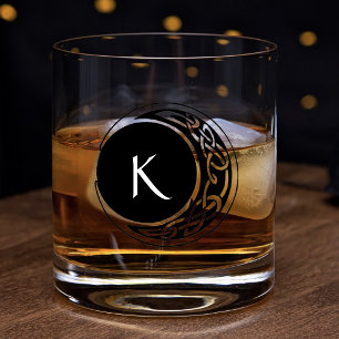 Celtic Knotwork Moon Circle Monogram Black White Whiskey Glass