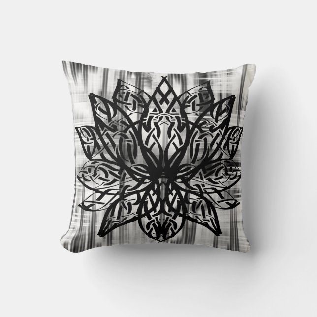 Celtic Lotus Mandala – Minimalist Black and White  Throw Pillow (Front)