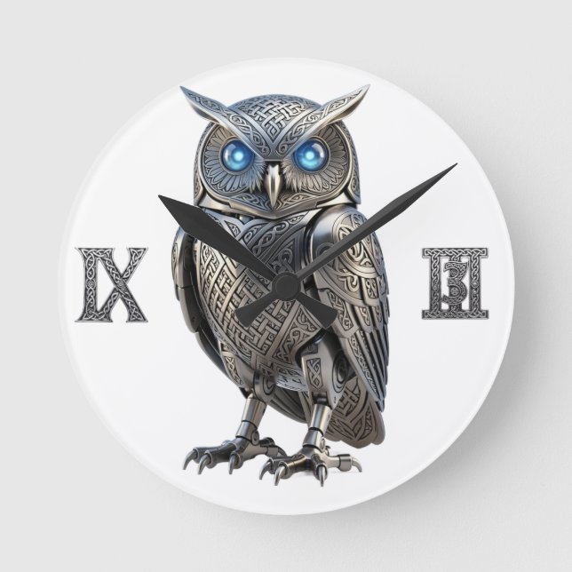 Celtic Mechanical Owl Silver Steampunk Round Clock (Front)