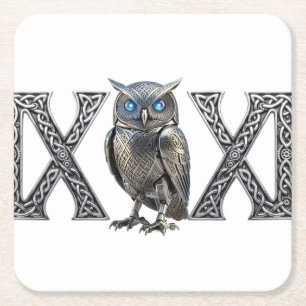 Celtic Mechanical Owl Silver Steampunk Square Paper Coaster
