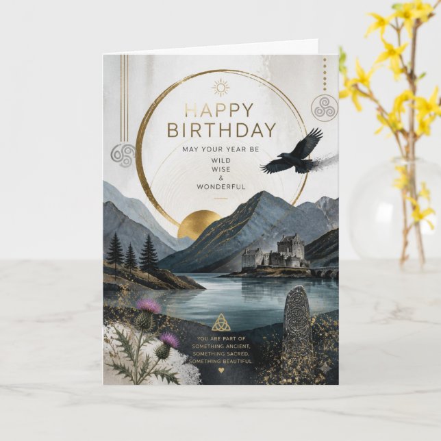 Celtic Scottish Castle Birthday Card, Mystic Card (Yellow Flower)
