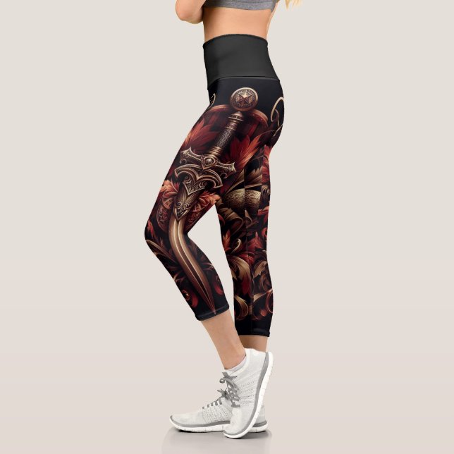 Celtic Scottish Red and Bronze Sword Capri Leggings (Left)