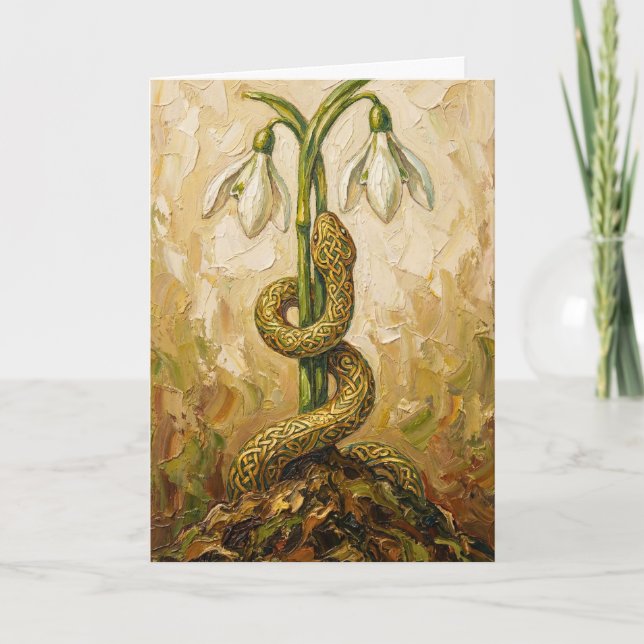 Celtic Snake Snowdrops Imbolc Rebirth Fantasy Art Card (Front)