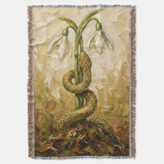 Celtic Snake Snowdrops Imbolc Rebirth Fantasy Art Throw Blanket